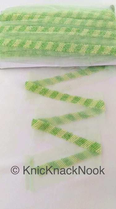 Decorative Green / Pink Beaded Net Lace Trim, Seed Beads, Beaded Trim